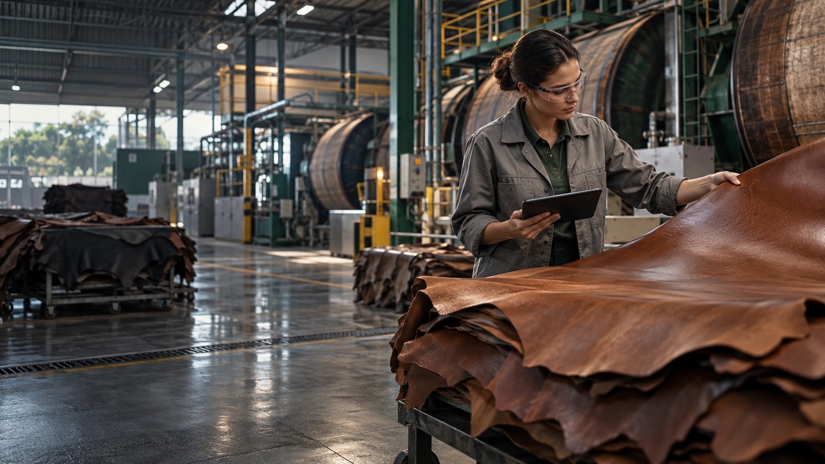 A professional assesses leather in an organized industrial tannery, using a tablet.